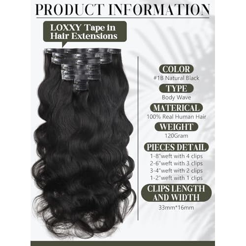 Loxxy Body Wave Clip in Hair Extensions, 20 Inch Natural Black Body Wave Seamless Clip Ins Human Hair Extensions #1B 7Pieces 110g PU Weft Easy Application