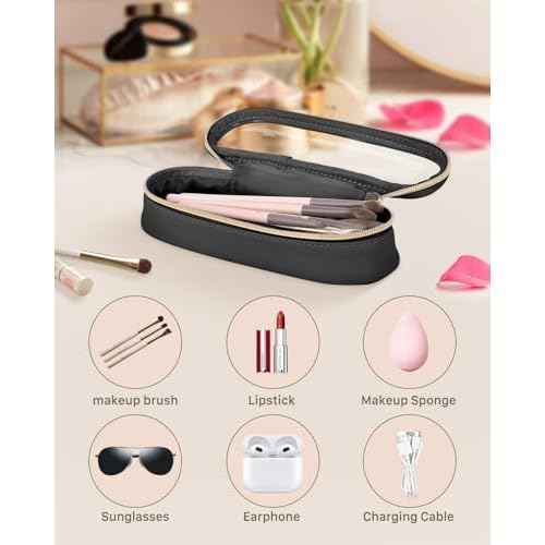 Clear Travel Makeup Brush Holder, Leather Makeup Brush Toiletry Bag, Portable Cosmetic Brush Case, Transparent Waterproof Makeup Brush Storage Bag, Black