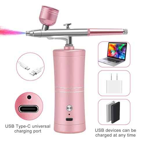 Jadeshay Airbrush Kit with Compressor, Portable Rechargeable Versatile Spray Gun with 0.4mm Nozzle for Tattoo, Nail Art, Cake Decoration (Pink)