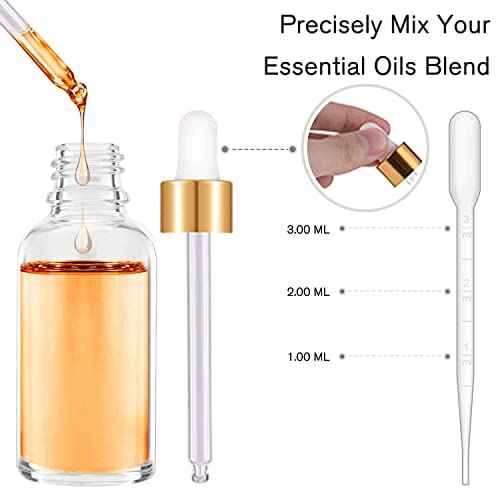 PrettyCare Glass Eye Dropper Bottle 2oz (60ml), 24 Pcs Clear Empty Thick Bottles Bulk with Leakproof Golden Caps - With Labels & Funnels for for Storage, Travel,Essential Oils, DIY Serums, Tincture