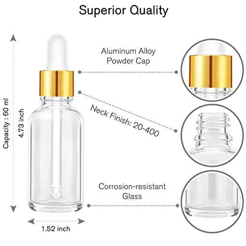 PrettyCare Glass Eye Dropper Bottle 2oz (60ml), 24 Pcs Clear Empty Thick Bottles Bulk with Leakproof Golden Caps - With Labels & Funnels for for Storage, Travel,Essential Oils, DIY Serums, Tincture