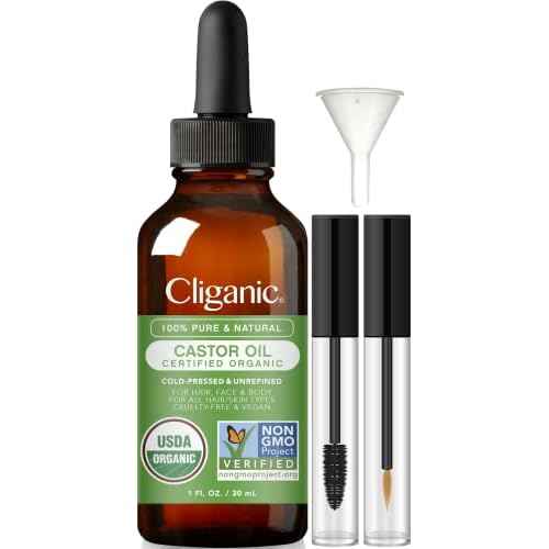 Cliganic Organic Castor Oil, 100% Pure (1oz Glass Bottle with Eyelash Kit) - For Eyelashes, Eyebrows, Hair & Skin