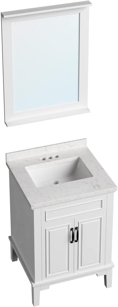 Hanover Lanesboro 24'' Vanity Cabinet with Sink Combo for Bathroom, Powder Room | Pre-Assembled Cabinet | 2 Doors | Accent Mirror | Artificial Stone Countertop, White Cabinet | HANVN0105-24-0WH