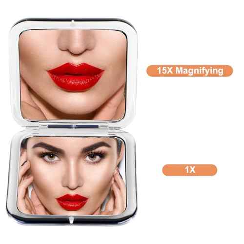 SANTOO Compact 15X Magnifying Makeup Mirror for Travel, Small Pocket Mirror-Handheld, Foldable & Portable 2-Sided with 15X Magnifying and 1X Mirror for Purses - Square 3.3 x 3.3 inch (Black)