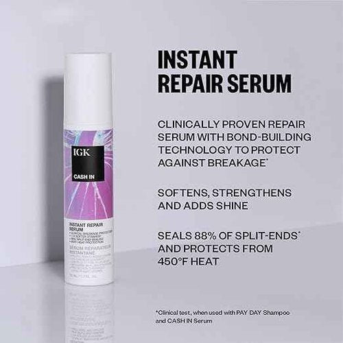 IGK Cash In Instant Repair Hair Serum | Reduce Breakage + Increase Strength | Silicone-Free | 1.7 oz (Pack of 2)