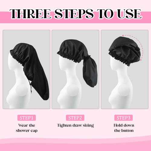 2 Pcs Large Shower Cap for Braids, Extra Long Shower Cap for Women Long Hair & Locs, Waterproof Hair Bonnets for Dreadlocks Drawstring Bath Caps for Women & Men (Black, Pink)