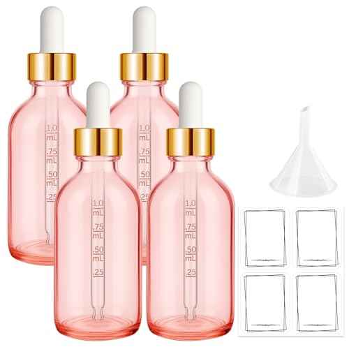 Bumobum 2 oz Dropper Bottle, Pink Glass Dropper Bottle with Measured Dropper & Golden Cap, Empty Eye Tincture Bottles with Funnel, Pipette & Labels for Essential Hair Oils Serums, 4 Pack