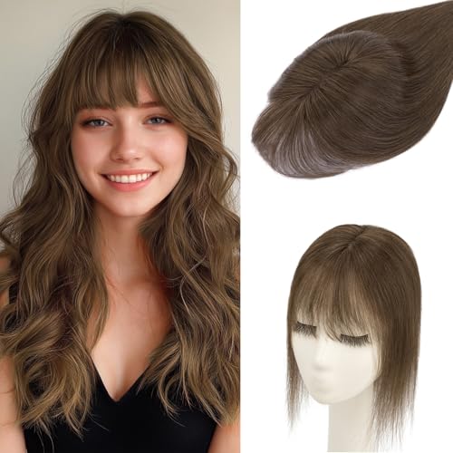 Benehair Hair Toppers for Women Real Human Hair 360¡Æ3D Clip in Bangs Toppers with Bang for Thinning 150% Density Hairpieces Lace Base Long Coverage Wiglet for Daily Use #02 Dark Brown 8Inch