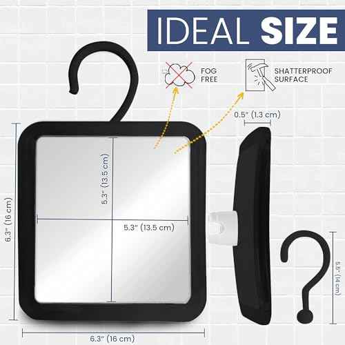 MIRRORVANA Hanging Fogless Shower Mirror for Shaving with 360¡Æ Rotatable Swivel Hook - Anti Fog and Shatterproof 6.3" x 6.3" Surface (Black)