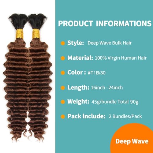 Deep Wave Bulk Human Braiding for Hair 100% Human Hair Unprocessed Brazilian Virgin Hair for Human Hair Extensions (2Bundles-1Pack) 90g 24Inch Human Hair for Micro braiding No Weft