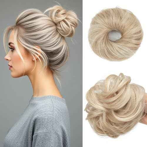 CJL HAIR 2PCs Small Cute Messy Bun Hair Piece for Thin Hair Women Mini Synthetic Curly Bun Scrunchies Updo Hairpieces Cream Blonde