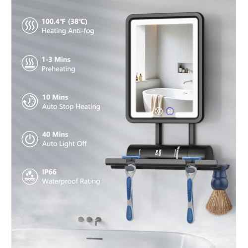 Shinowa Heated Shower Mirror Fogless for Shaving, 360¡Æ Adjustable Lighted Shower Mirror with 3 Color Modes, Rechargeable Anti Fog Shower Shaving Mirror with Large Storage Tray & Razor Holder, Black