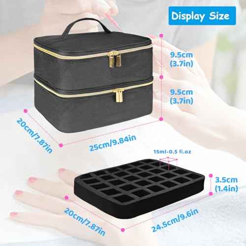 Nail Polish Carrying Case, Double-Layer Nail Polish Storage Bag- Fits Nail Dryer Lamp and 30 Bottles(15ml/0.5 fl.oz), Nail Polish Organizer bag with Adjustable Dividers for Manicure Set (Black)