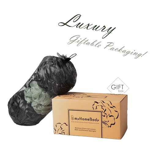myHomeBody Large 70g Loofah Sponge, Bath Body Scrubber for Women, Men, Exfoliating Shower Pouf with Activated Charcoal - 2 Graphite Gray + 1 Sage Green, 3 Pack