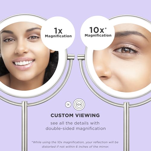 Conair Lighted Makeup Mirror, Double-Sided LED Vanity Mirror with 1X/10X Magnification, 3 Light Settings, 3 Modes, 360¡Æ Rotation, Satin Nickel Finish