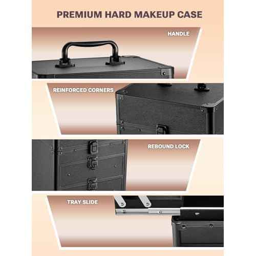 Qislee Makeup Box with Double Drawers and Four Trays, A Detachable Lighted Mirror, Waterproof Travel Train Case, Cosmetic Organizer and Makeup Suitcase with Magnetic LED Mirror(Black)