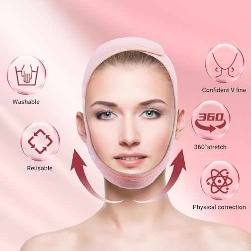Reusable V Line Lifting Mask with Chin Strap for Sleeping,Double Chin Reducer,Face Lift Prevent Sagging, Jaw Exerciser,Light Pink,M