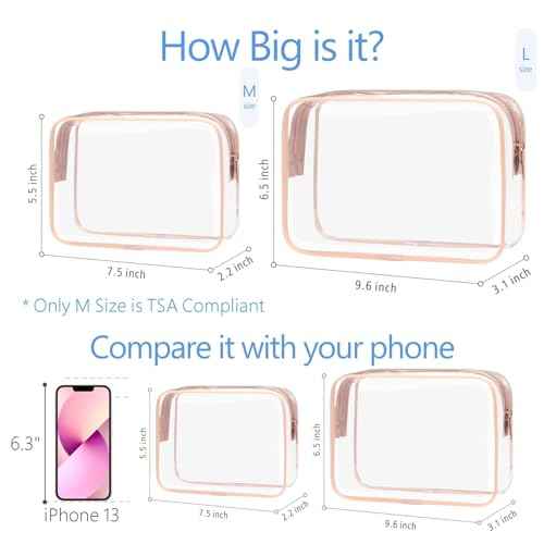 PACKISM TSA Approved Toiletry Bag - Clear Makeup Bags in 2 Size, Durable with Supporting Frame, Perfect for Travel Essentials, Carry-on Airport Airline Compliant Bag, Rose Pink