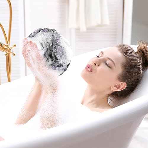 Bath Loofah Shower Sponge Body Back Scrubber Soft Mesh Shower Puffs Exfoliating Loofa for Women & Men Bath Accessories Cleaning Tool (Pack of 4 60G Loofah, Dark Elf)