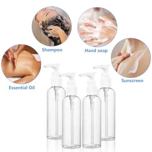 4 Pack 3.4 Oz (100ml) TSA Approved Travel Pump Bottles for Toiletries Clear Travel Size Bottles Leak Proof with Labels