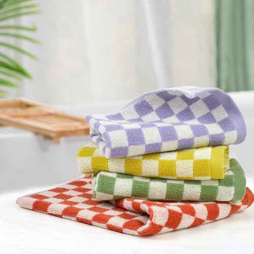 Jacquotha Wash Cloths Checkered 4 Pack 4 Colors - Cotton Washcloths for Face Body, 13 x 13 Inches Daily Cleansing Kitchen Towels