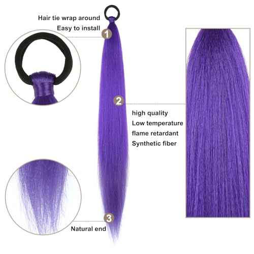 2 Pack Purple Ponytail Extension with Elastic Tie Straight Sleek Wrap Around Braid Ponytail 26 Inch (Purple#)