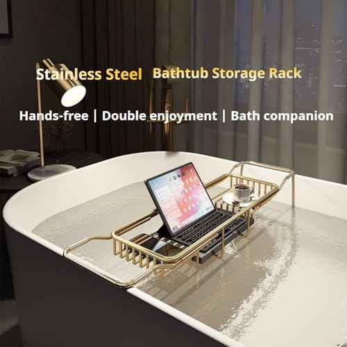 Bathtub Tray Caddy for Luxury Bath, Stainless Steel 26.8-35.4 in Expandable Extra Wide Bath Tub Tray with Natural Marble and Mobile/Tablet Stand, Ideal for Home Spa Lovers (Gold + White)