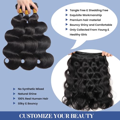 Human Hair Bundles with Closure Body Wave (18 20 22+16) 100% Unprocessed Brazilian Virgin Human Hair Weave Extensions 3 Bundles with 4x4 HD Transparent Lace Clsoure