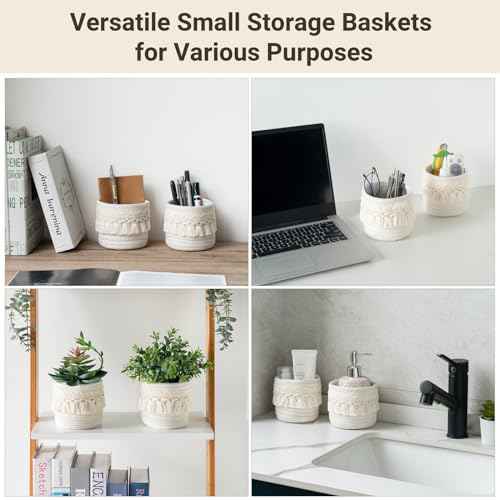 Mkono Macrame Makeup Brush Holder Organizer Comb Brushes Mini Storage Basket Set of 2 Boho Decor Baskets for Pen Pencil Box Container ,Ivory