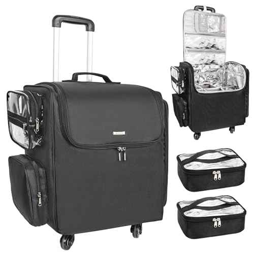 Relavel Rolling Makeup Train Case, Hairstylist Traveling Bag with 4 Wheels, Heat Insulation Full Layer, Adjustable Dividers, Hair Tools and Cosmetics Storage Organizer Trolley Suitcase Makeup Cart