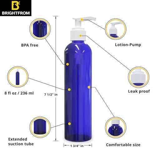 BRIGHTFROM Empty Lotion Pump Bottles, 8 Oz BPA-Free Refillable Plastic Containers, PETE1 Cobalt-Blue, Great for - Soap, Shampoo, Lotions, Liquid Body Soap, Creams and Massage Oil's (Pack of 3)