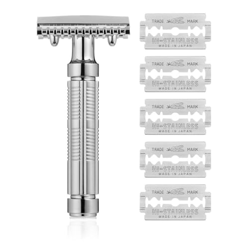 Mr. Fine Premium Double Edge Safety Razor for Wet Shaving, Single Blade Razor, Close Shave, Open-Comb Guard, 100% Metal w/Stainless Steel Core, 5 Feather Blades