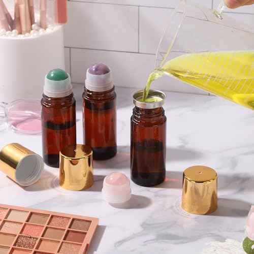 1.7oz Large Amber Glass Roll on Bottles for Essential Oils Perfume Refillable Roller Ball Applicator Empty Deodorant Containers with Pink Crystal Rollerball