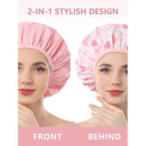 Years Calm Shower Caps For Women Reusable Waterproof£¬Pattern And Solid Color Dual-Layer Design For Dual-Layer Usable£¬Protects Hair In Shower, Spa, Cooking, Clean & Travel (Pink, One Size)