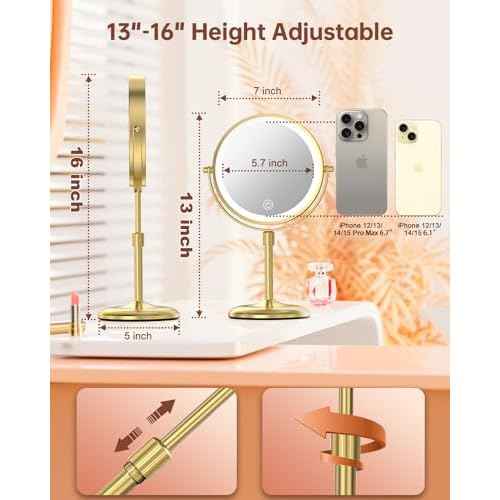 Benbilry Lighted Makeup Mirror with 3 Color Lights & 10X Magnification, Adjustable Brightness & Height, 7 Inch 360¡Æ Swivel Rechargeable 10X LED Magnifying Vanity Mirror with Light, Gold