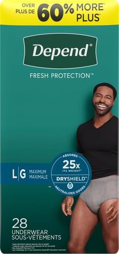 Depend Fresh Protection Adult Incontinence Underwear for Men (Formerly Depend Fit-Flex), Disposable, Maximum, Large, Grey, 28 Count, Packaging May Vary (Pack of 2)