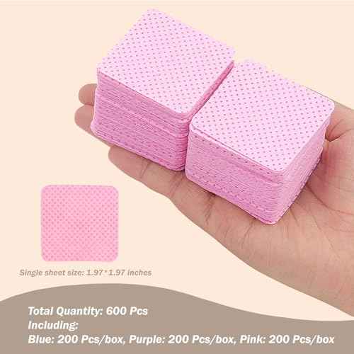 KINGMAS 600Pcs Lint Free Nail Wipes, Non-Woven Fabric Nail Polish Remover Cleaning Pads Lash Extensions Glue Cleaning Wipes Salon Supplies (Pink, Blue, Purple)
