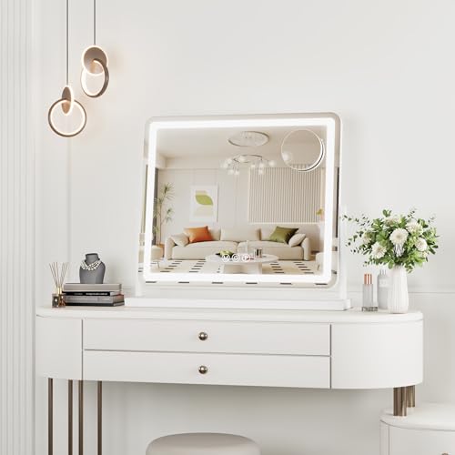 Antok Vanity Mirror with Lights, 22"X19" Lighted Makeup Mirror, Smart Touch, 3 Color Modes and Brightness Adjustable, LED Vanity Mirror with Detachable 10X Magnification, 360¡Æ Rotation for Makeup Desk