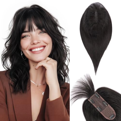 TESS Real Hair Toppers for Women Handmade Lace Base Womens Clip In Hairpieces with Bangs 5 Clips Natural Coverage Soft and Secure 2¡¿6", Nature Black