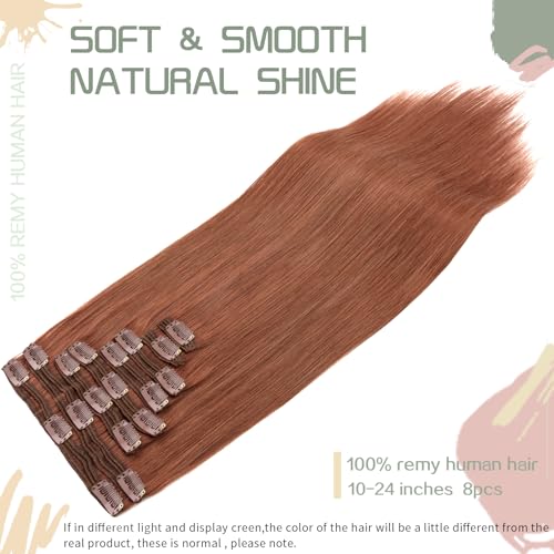 S-noilite Clip in Human Hair Extensions 100% Real Remy Thick True Double Weft Clip in Hair Extensions Full Head 8 Pieces 18 Clips Straight Silky (14 Inch - 120g,Dark Auburn (#33))