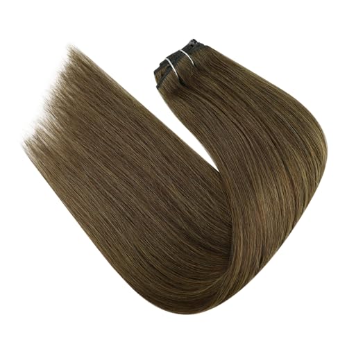 Fshine Clip in Hair Extensions Real Human Hair Medium Brown Clip Ins Double Weft #4 14inch 120g 7pcs Work Style Weekend Outing