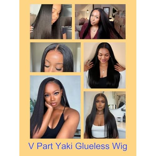 Nadula EasiContour V Part Yaki Straight Human Hair No Leave Out Clip in V-part Wig,12A Glueless Upgrade U Part Light Kinky Straight Human Hair Wig 180% Density with Elastic Drawstring 14inch