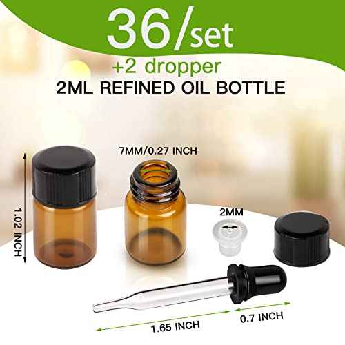 Teenitor Oil Bottles for Essential Oils, 36 Pcs 2 ml (5/8 Dram) Amber Glass Vials Bottles, with Orifice Reducers and Black Caps, with 2 Free Glass Transfer Eye Droppers