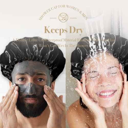 Extra Large Reusable Shower Cap for Men, Women (Black 4 Pack ) Satin Double Layer EVA Waterproof Long Hair Cap