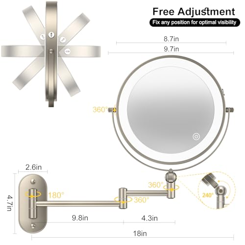 9" Wall Mounted Lighted Makeup Mirror,4000mAh Rechargeable Double Sided 1X/10X Magnifying Mirror with Light,3 Color Lights,Touch Dimmable,Extended Arm 360 Rotation Wall Mounted Makeup Mirror