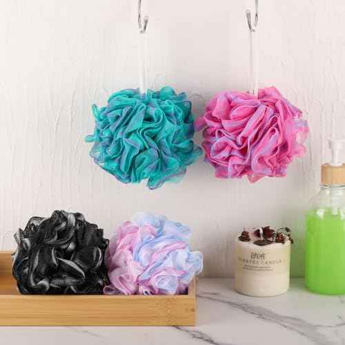 BTYMS Loofah Sponge 60 Gram Shower Pouf Bath Scrunchies Shower Puff Exfoliating Body Wash Scrubber Bath Puffs for Washing - Set of 4