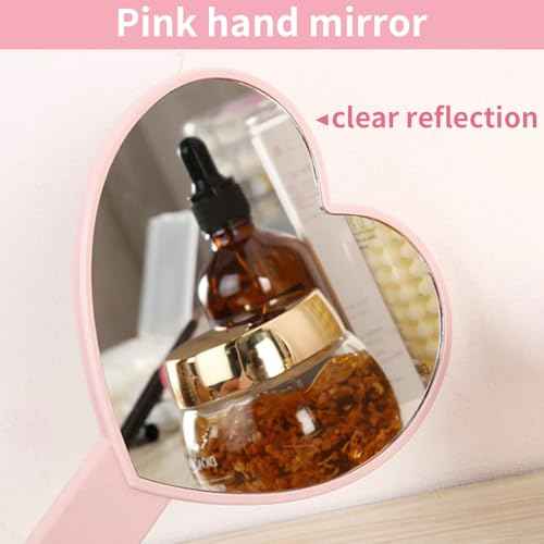 TBWHL Heart-Shaped Travel Handheld Mirror, Cosmetic Hand Mirror with Handle, Cute Hand held Mirror for Shaving Single-Sided Portable Travel Vanity Mirror for Men & Women (Pink, 1Pack)