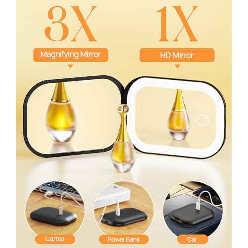 Gospire Lighted Compact Mirror with Light and Magnification 1X/3X, Stepless Dimming and Three-Color Adjustable Lights, Rechargeable Battery and Small Mirror for Purse and Travel - Black