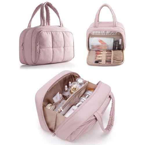 Travel Toiletry Bag for Women with Hanging Hook, Water Resistant Puffy Makeup Organizer with Leak Proof Pockets for Toiletries and Cosmetics - Pink (Bag Only)
