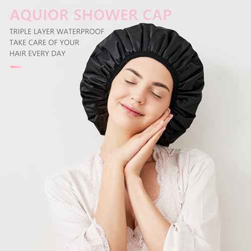 Aquior Shower Cap,Terry Lined Shower Cap for Women Reusable, Triple Layer Waterproof Bath Cap, Extra Large for Women Long Hair(Black)